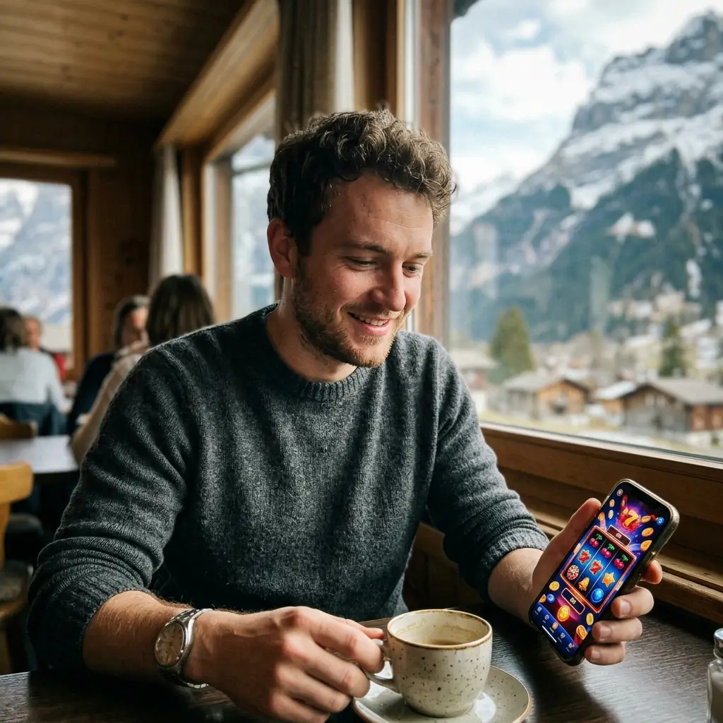 Uomo svizzero in un bar che gioca sul telefono